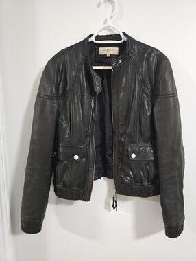 Karen Millen England Black Leather Bike  Jacket Short Size 10 M